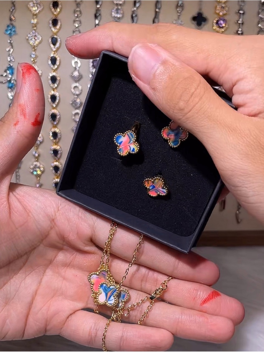 Gold Butterfly Pink & Blue Enamel Necklace and Earring Set